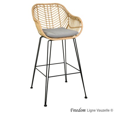 TabouretFREEDOM SAFARI,Tress.Imitation Paille,Coussin Gris Taupe