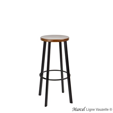 Tabouret MARCEL Assise Bois, Pieds Métal Noir.