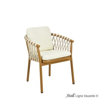 Fauteuil ATOLL Alu Look Teck, Sangles Sand, Cous Col. Lin Chiné