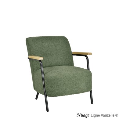 Fauteuil NUAGE Tapissé Bouclettes Kaki, Bois Naturel